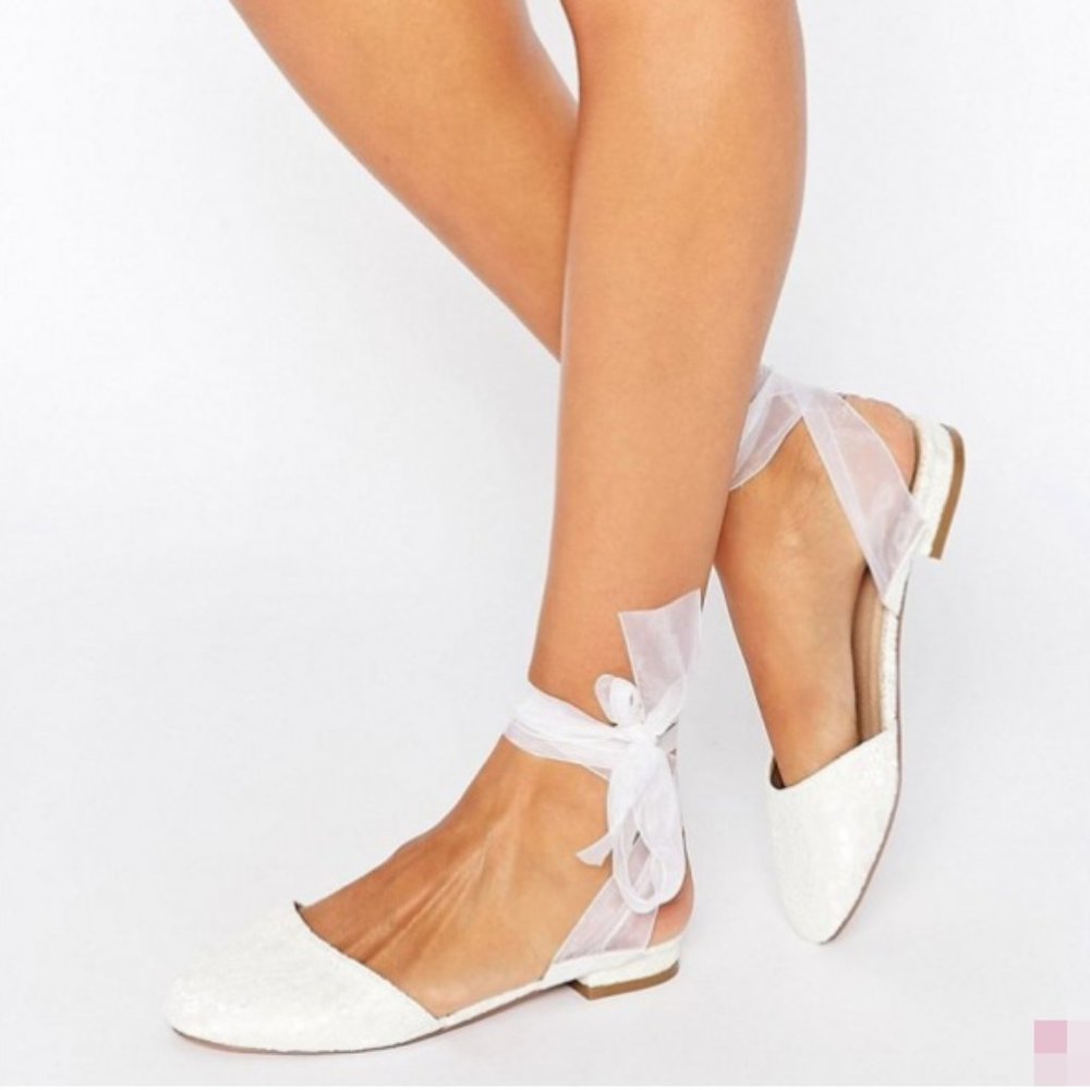 FSJ White Round Toe Low Heels Flat Lace Up Wedding